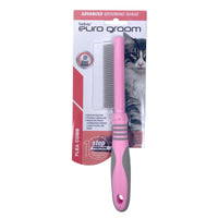 Euro Groom cat flea comb on its Euro Groom card with a tabby cat photo, fine-toothed pink comb