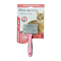 Euro Groom small flat soft-pin slicker brush for cats, pink handle, carded with a cat photo
