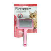 Euro Groom soft curved slicker brush for cats, pink handle, carded with a tabby cat photo