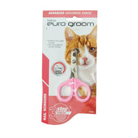 Euro Groom cat round-nose nail scissors with pink handles, carded with a ginger cat photo