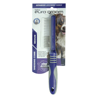 Euro Groom medium dog shedding comb with long and short steel teeth, carded with a collie photo