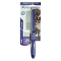 Euro Groom coarse dog comb with a blue handle, carded on the Euro Groom range card with a dog photo