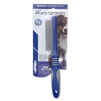 Euro Groom dog flea comb, fine steel teeth and blue handle, carded with a dog photo