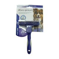 Euro Groom dog rake comb with short steel teeth and a blue handle, carded with a collie photo