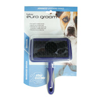Euro Groom medium rubber-pin massage brush for dogs, carded with a dog photo