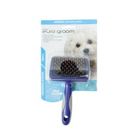 Euro Groom small hedgehog slicker brush for dogs with red-tipped pins, carded with a dog photo