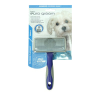 Euro Groom small flat soft-pin slicker brush for dogs, carded with a white dog photo