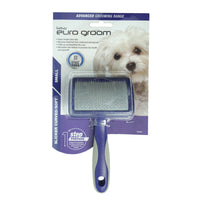 Euro Groom small soft curved slicker brush for dogs on a blue card with a white dog photo