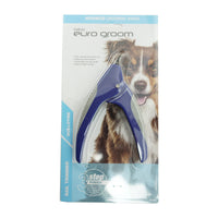 Euro Groom dog guillotine nail trimmer with blue handles, carded with a collie photo