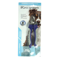 Euro Groom medium deluxe dog nail clippers, blue handles, carded with a dog photo