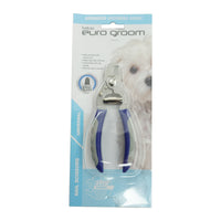 Euro Groom pet nail clipper scissors with blue handles, carded with a white dog photo