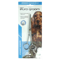 Euro Groom straight pet grooming scissors in stainless steel, carded with a spaniel photo