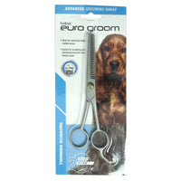 Euro Groom dog thinning scissors with a serrated blade, carded with a cocker spaniel photo