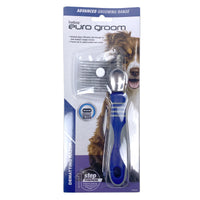 Euro Groom 9-blade dog dematting razor with spare blade, carded with a dog photo