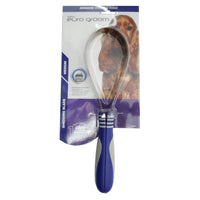 Euro Groom medium dog shedding blade, looped steel blade with a blue handle, carded with a dog photo
