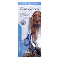Euro Groom pet safety scissors with blue handles and a rounded tip, carded with a spaniel photo