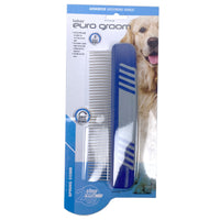 Euro Groom dog spring comb with rotating teeth, carded with a golden retriever photo