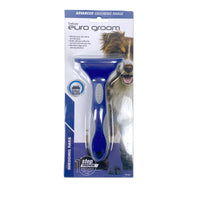 Euro Groom dog shedding rake with a moulded handle, carded with a dog photo