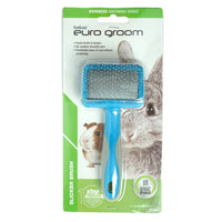 Euro Groom mini slicker brush for small pets on a green card with a rabbit photo
