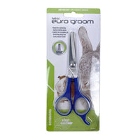 Euro Groom mini grooming scissors for small pets on a green card with a rabbit photo