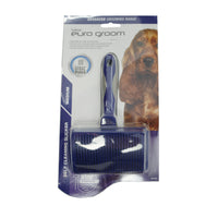Euro Groom medium self-cleaning soft-pin slicker for dogs, carded with a spaniel photo