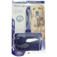 Euro Groom large self-cleaning hard-pin slicker for dogs, carded with a retriever photo