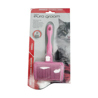 Euro Groom small self-cleaning soft-pin slicker for cats, carded with a long-haired cat photo