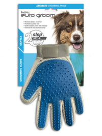 Euro Groom dark blue rubber grooming glove for pets, carded with a dog photo