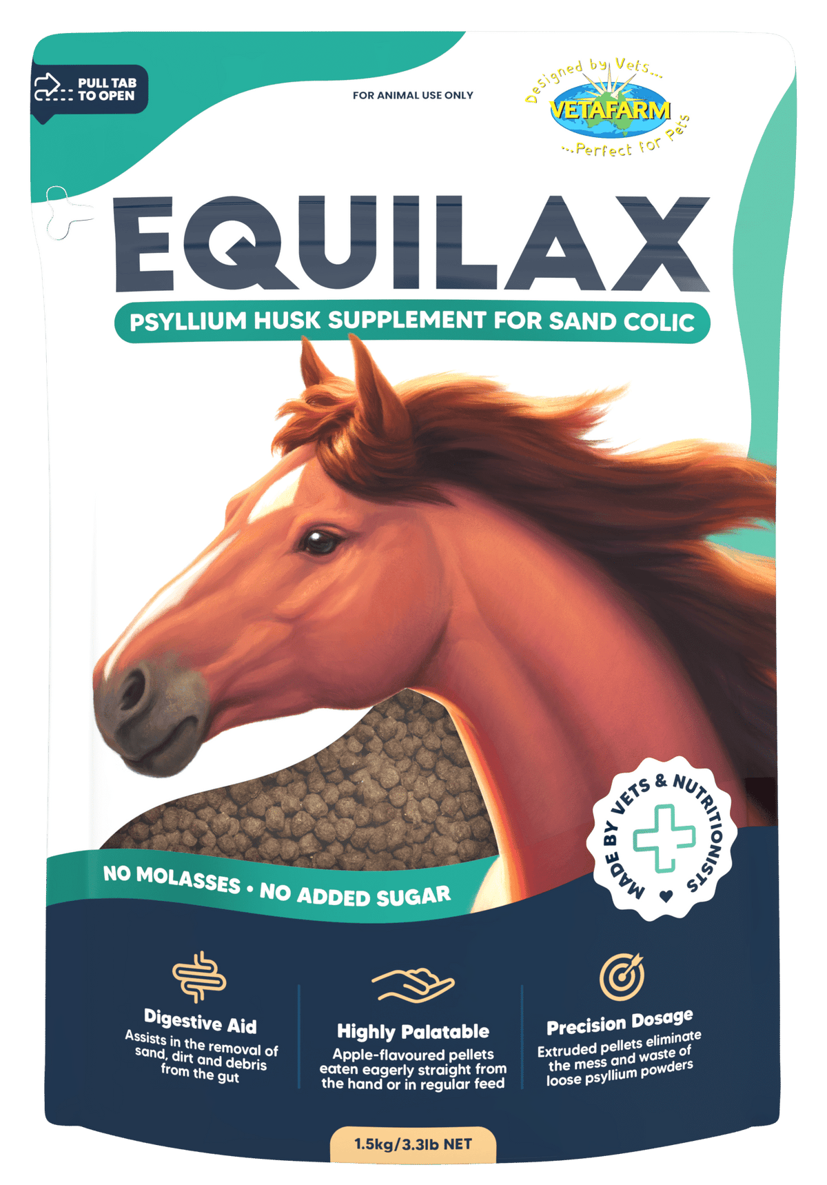 Vetafarm Equilax psyllium supplement for horses, 1.5kg pouch – front of pack