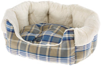 Ferplast Etoile oval pet sofa in blue tartan with a white eco-fur lining and cushion