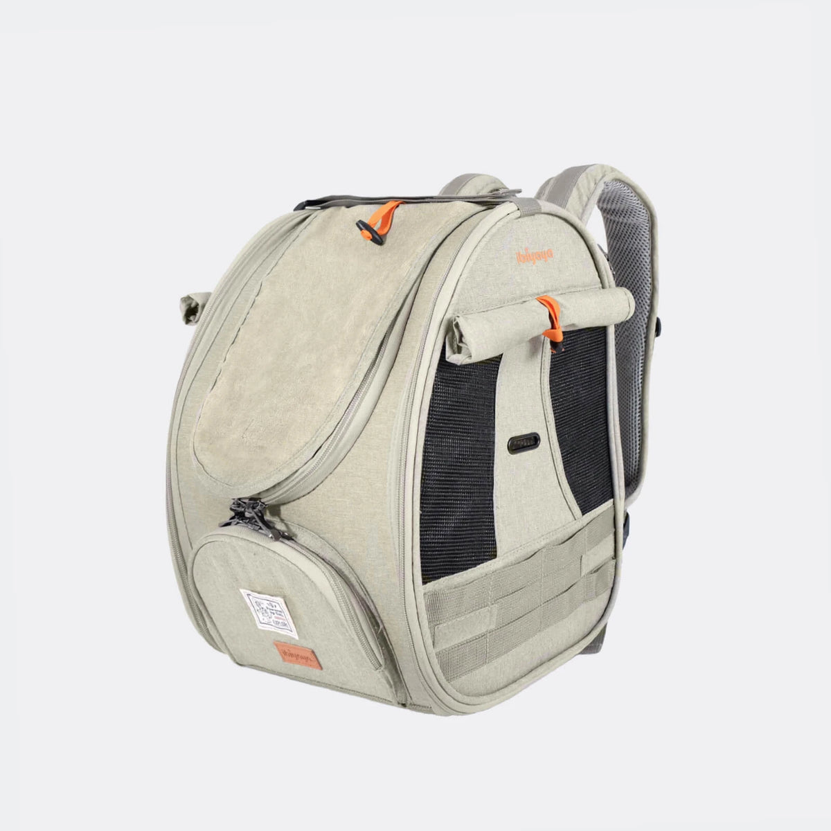Ibiyaya Adventure pet carrier backpack in sage canvas, front quarter view with its mesh panels