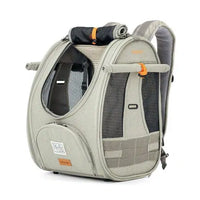 Ibiyaya Adventure pet carrier backpack in sage canvas, front quarter view with its mesh panels