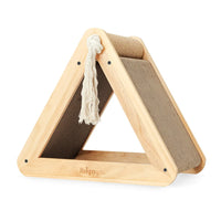Ibiyaya Hide-Out cat scratcher, a triangular timber frame with a corrugated board and rope tassel
