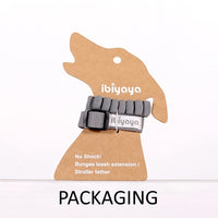 Ibiyaya No Shock bungee leash extension on its kraft dog-shaped hang card, labelled as a stroller tether