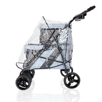Ibiyaya clear rain cover fitted over a four-wheel pet stroller