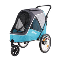 Ibiyaya Happy Pet Tri-cycle trailer jogger in blue, side view with its large spoked wheel