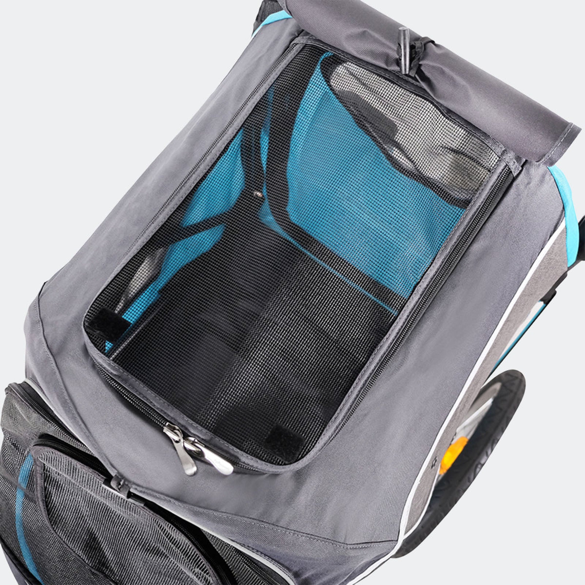 Looking into the cabin of the blue Ibiyaya Happy Pet Tri-cycle through the open mesh top