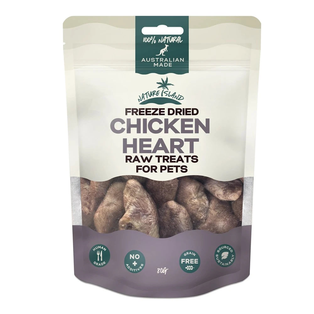Nature Island Freeze Dried Chicken Heart raw pet treats – front of pouch