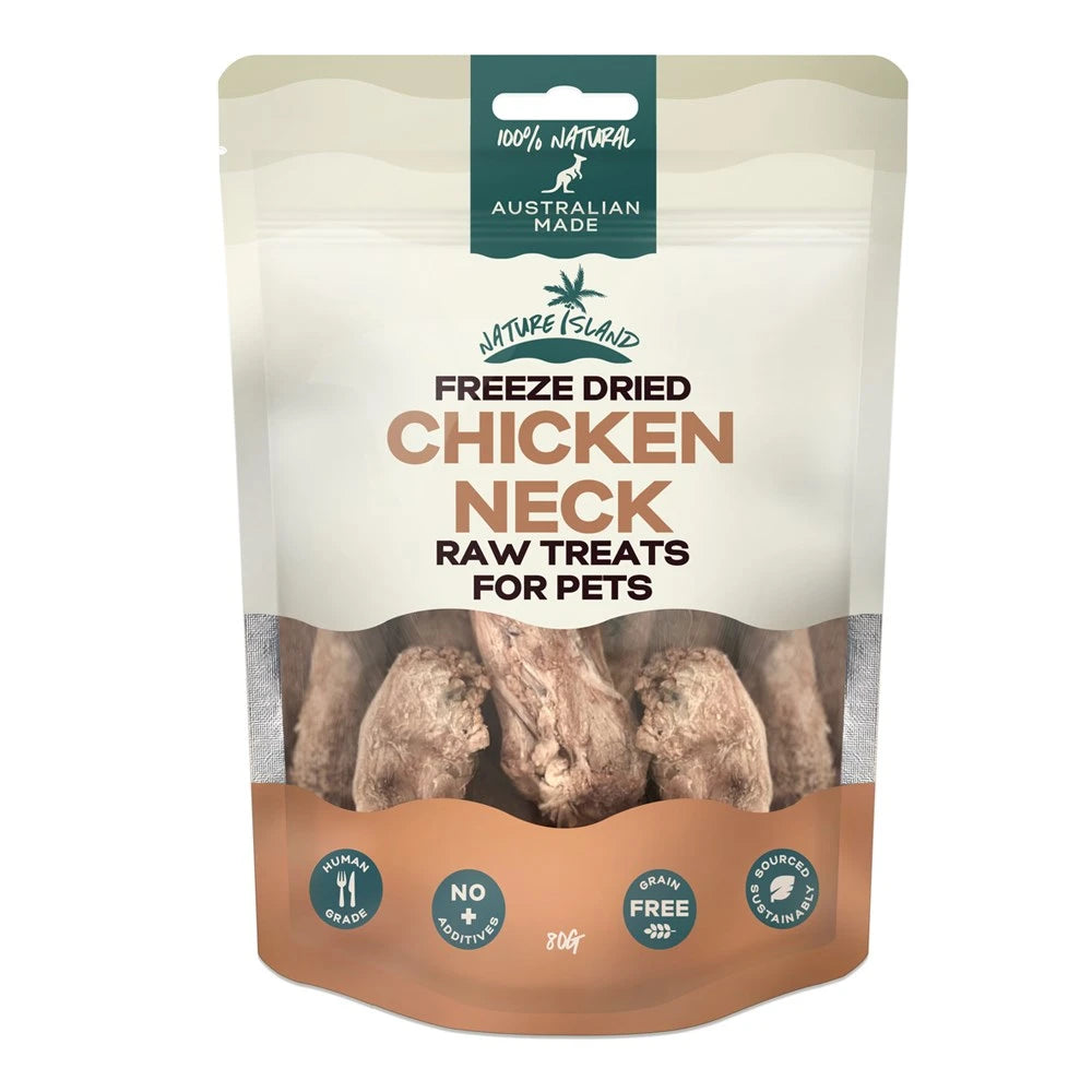 Nature Island Freeze Dried Chicken Neck raw pet treats – front of pouch