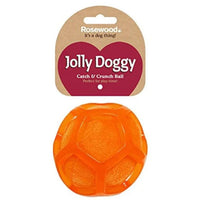 Rosewood Jolly Doggy Catch and Crunch orange rubber dog ball with its header card
