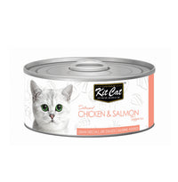 Kit Cat Toppers deboned Chicken & Salmon canned cat food, single 80g can with a peach label