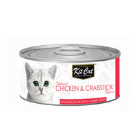 Kit Cat Toppers deboned Chicken & Crabstick canned cat food, single 80g can with a red label