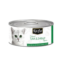Kit Cat Toppers deboned Tuna & Shrimp canned cat food, single 80g can with a dark green label