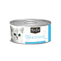 Kit Cat Toppers deboned Tuna & Scallop canned cat food, single 80g can with a blue label