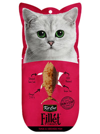 Kit Cat Fillet Fresh Tuna & Smoked Fish, cat-shaped 30g pouch with the deboned tuna fillet pictured
