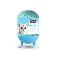 Kit Cat Sprinkles deodorising litter beads, Baby Powder scent, teal beads in the footed shaker bottle