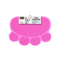 Kit Cat Litter Trapping Mat in pink, large paw-shaped mat with a textured surface and retail hang tag