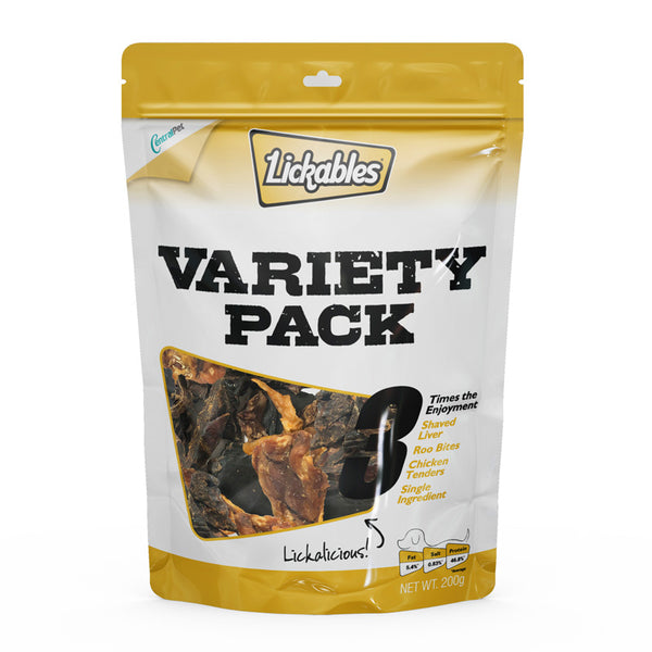 Lickables Dog Treats Variety Pack - Shaved Liver, Roo Bites, Chicken Tenders