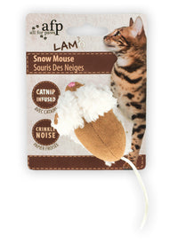All for Paws AFP LAM Snow Mouse catnip and crinkle cat toy in cream, on its printed card