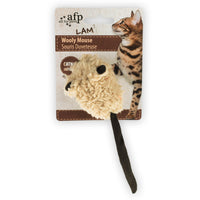 All for Paws AFP LAM Wooly Mouse catnip cat toy in cream with a long tail, on its card